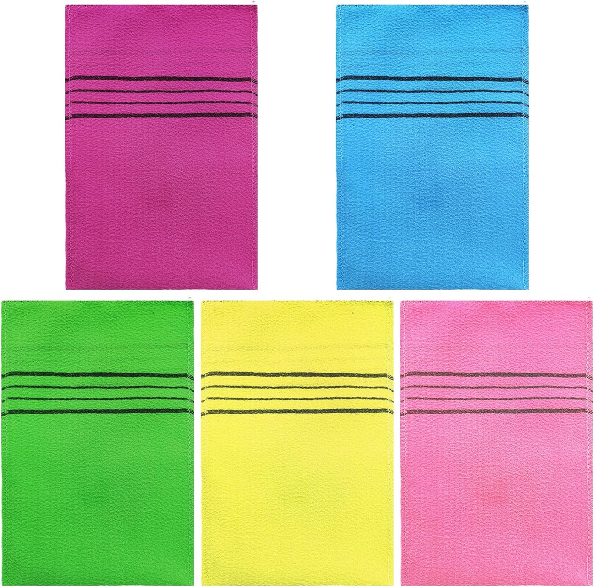 Set van 5 badhandschoenen, douchehandschoenen, peeling-handdoeken, reinigingshandschoenen voor vuil en dode huid, peeling-handschoenen, geschikt voor het lichaam (5 kleuren)