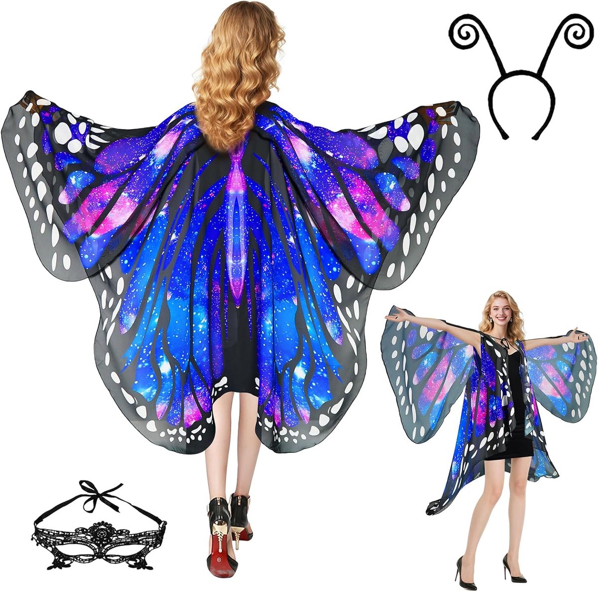 Vlinderkostuum voor dames, vleugels, vlindervleugels, volwassenen, tweetraps carnavalskostuum, damescape, verkleedkleding, vlinderkostuum, accessoires, 3-delige set, gezichtsmasker, voeler