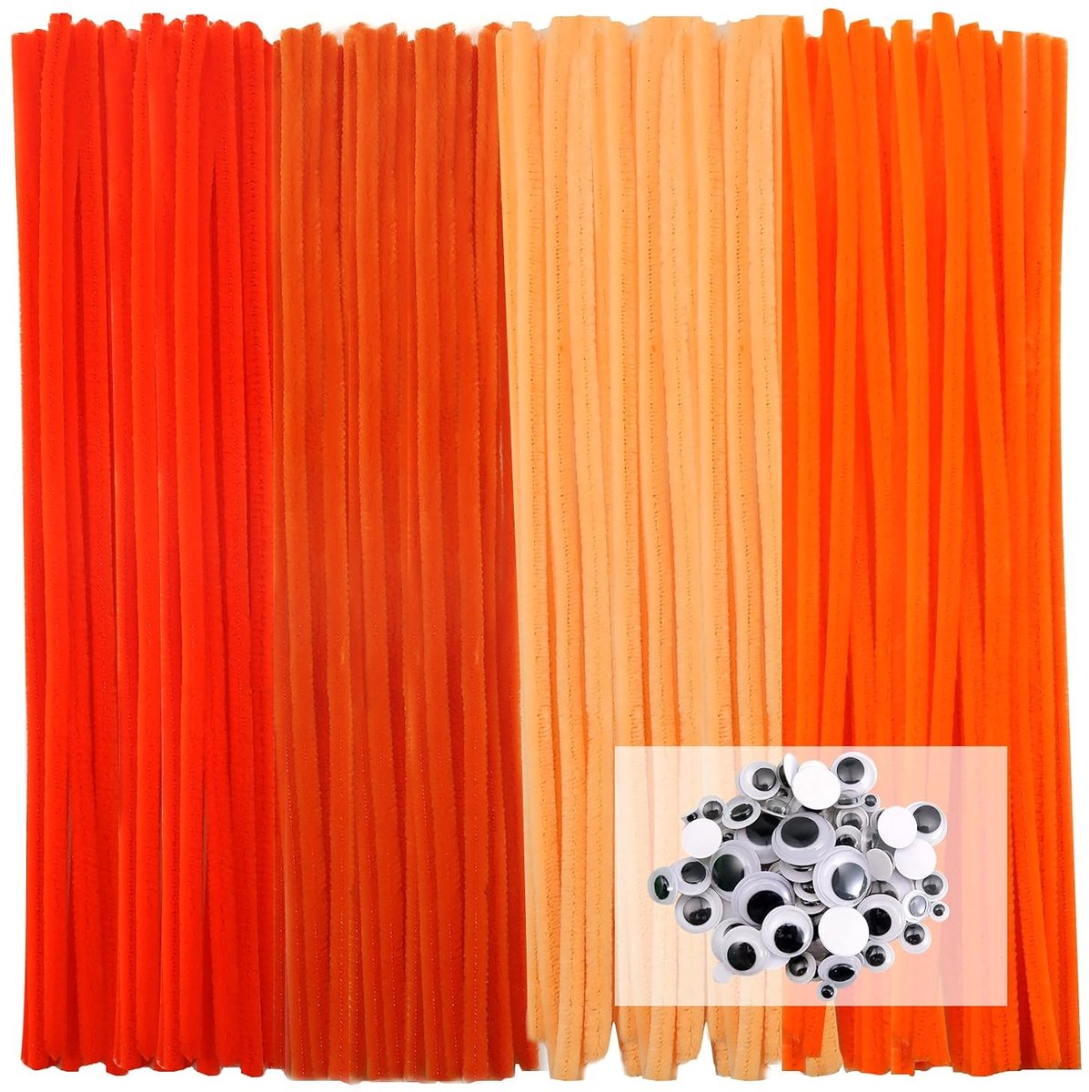 200 stuks Pijpenragers 4 Verschillende Oranje Pijpenragers om te Knutselen Chenilledraad 30 cm x 6 mm met Zelfklevend Wiebelogen voor Creatieve doe-het-zelf Handwerk Decoratie