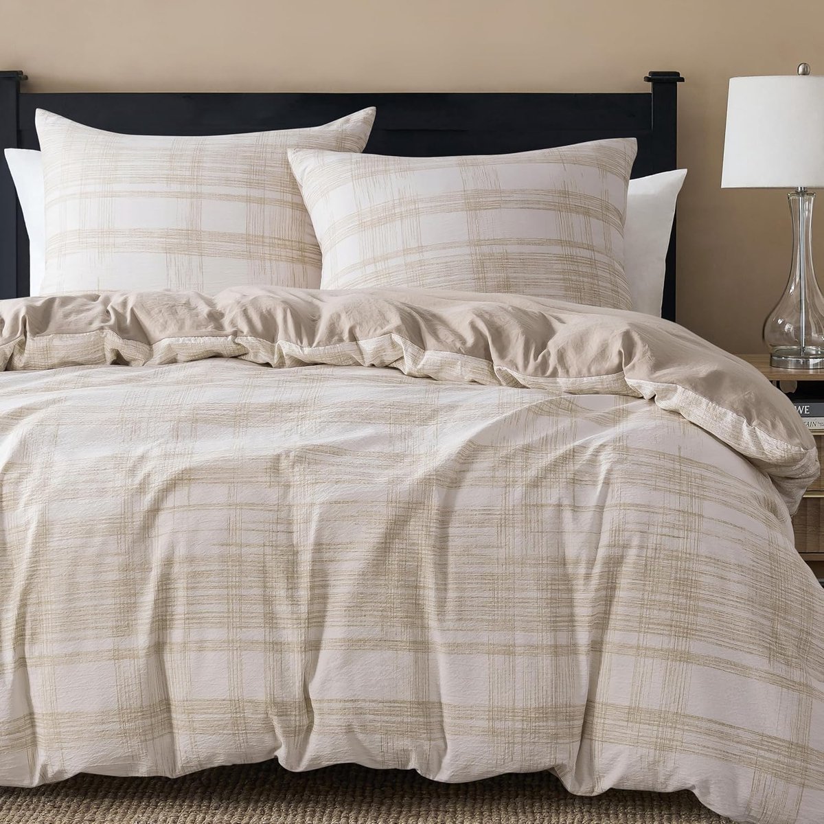 Dekbedovertrek van 105 cm en 2 kussenslopen van 80 x 80 cm, dekbedovertrek van 200 x 200 cm, 3-delige beddengoedset, ademend, zacht, Oeko-Tex, geruit beige