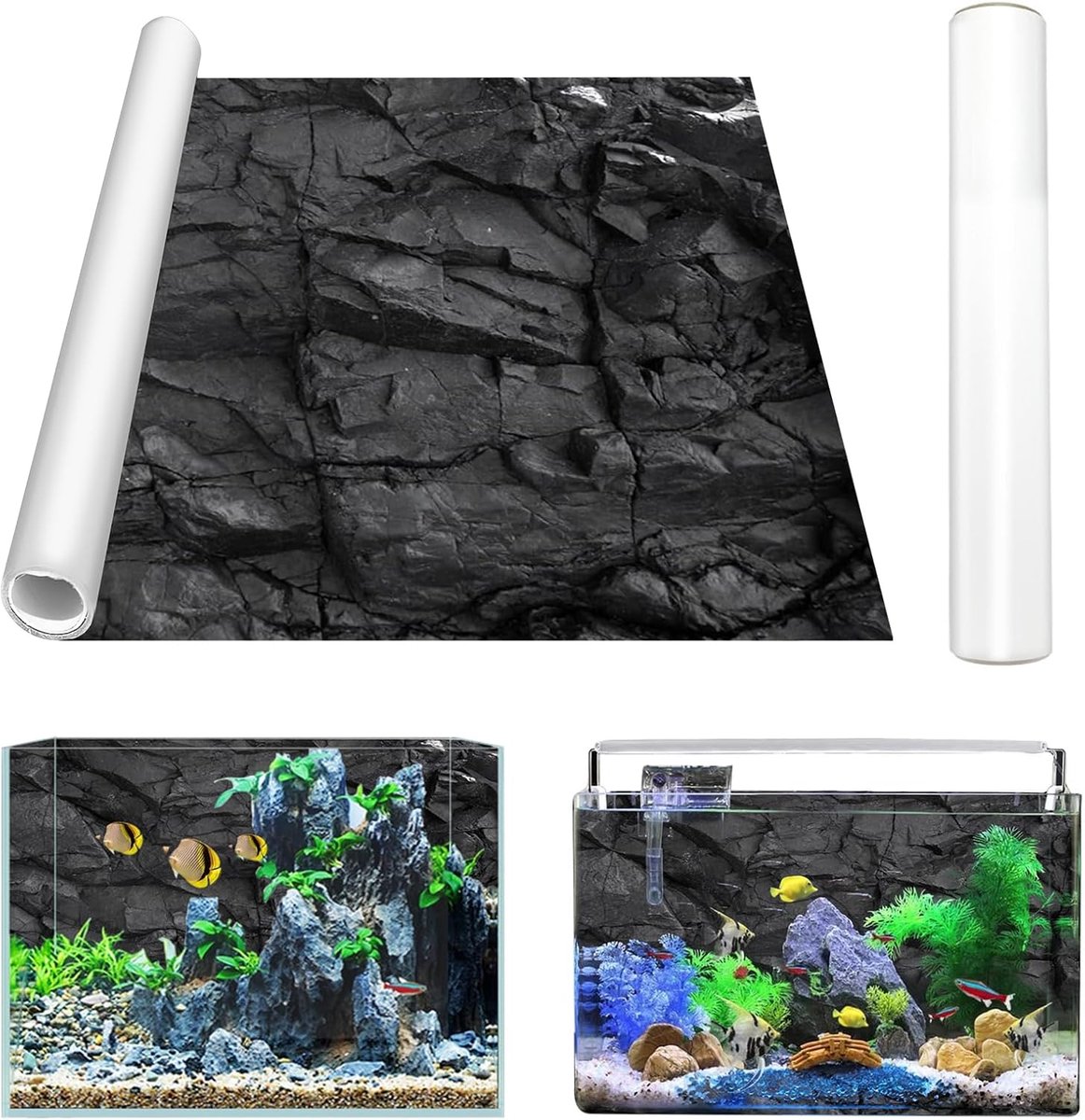 Aquariumposter, 120 x 40 cm, pvc, statisch hechtende aquariumachtergrond, zwarte rotsen, generieke aquarium, achterwandfolie, zelfklevende folie, vinyl achtergrond voor aquarium, achterwand