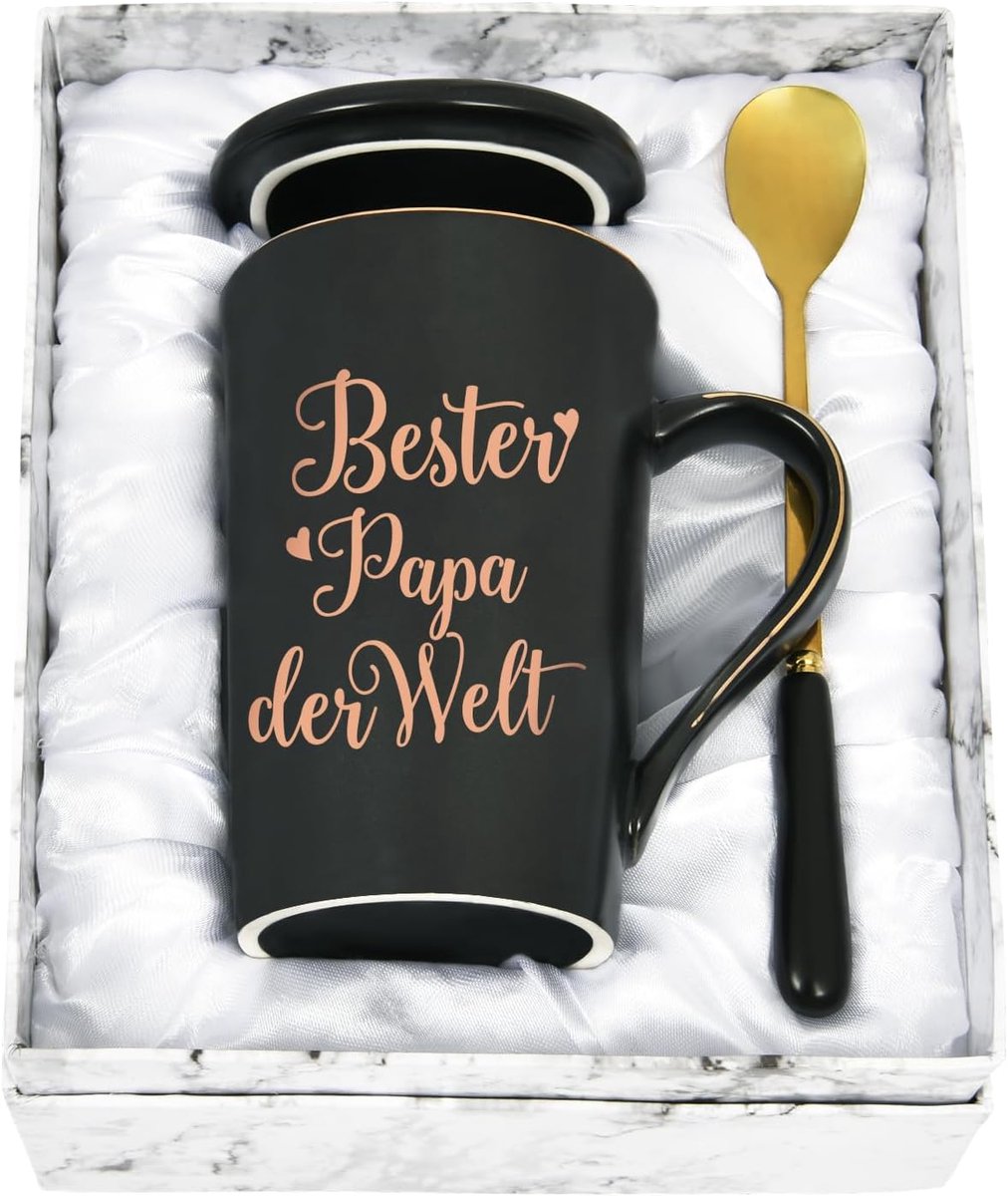 Gift Kerstmis, Beste Papa der Welt mok, cadeau-ideeën voor papa, vaderdagcadeau, 400 ml keramische marmeren beker met deksel, lepel en geschenkdoos