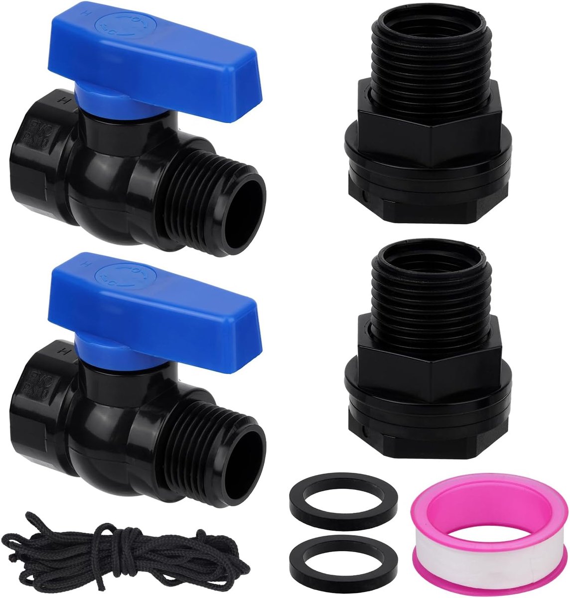 2st 3/4" GHT PVC Regenvat Kraan Set, Tuin Afleiderset met Doorvoertule Slangkraanaansluiting & Draadafdichttape Afvoerklep Connector voor Watertank Aquarium Zwembad Tuinvat