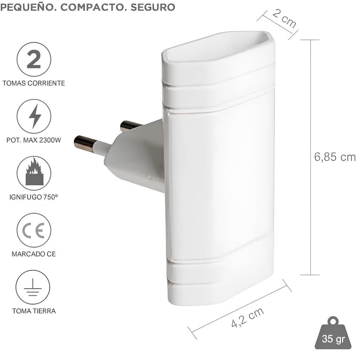 SnelShoppen - Thief flat socket (dubbel) dunne wandcontactdoos - adapter met 2 geaarde stopcontacten 10 A (250 V) kleur wit - ideaal voor achter meube