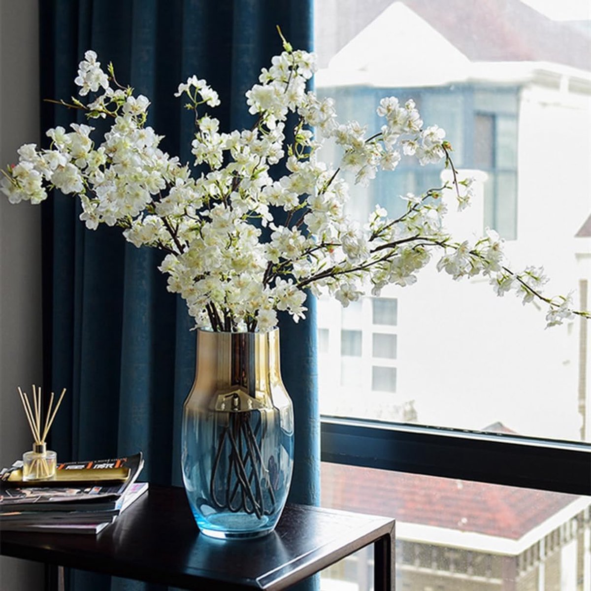 4 stuks kunstmatige kersenbloesem bloemtakken, 109 cm hoogte nep zijde kersenbloesem boomstengels faux kersenbloemen voor thuis bruiloft tafel centerpieces vaas doe-het-zelf decor (wit)