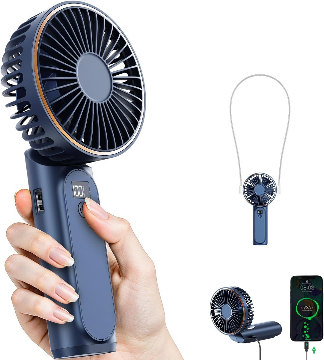 Fan, Draagbare ventilator met 4000 mAh, Handventilator met LED-display, 180° verstelbare oplaadbare ventilator, 6 snelheden, kantoor, slaapkamer, buiten