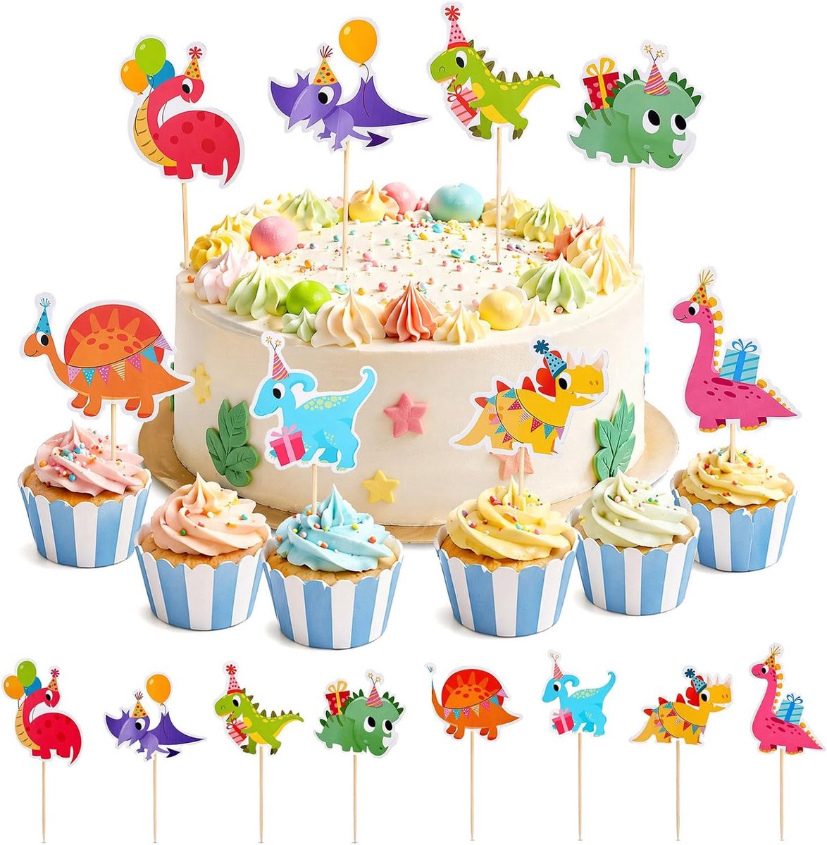 32 stuks Dino taartdecoratie set, Dino verjaardagsdecoratie voor kinderverjaardagen, cartoon dinosaurus taartdecoratie en cupcake topper, taartdecoratie verjaardag voor jongens en meisjes