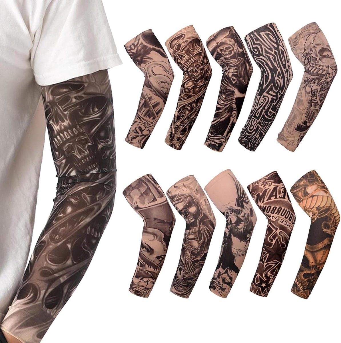 10 stuks tattoo-mouwen, realistische tijdelijke nep-tatoeage-mouwen, stijlen tatoeage-armbanden voor mannen, tatoeage-armkous, sportbescherming, zonwering, ventilatie, voor mannen en vrouwen, tatoeage