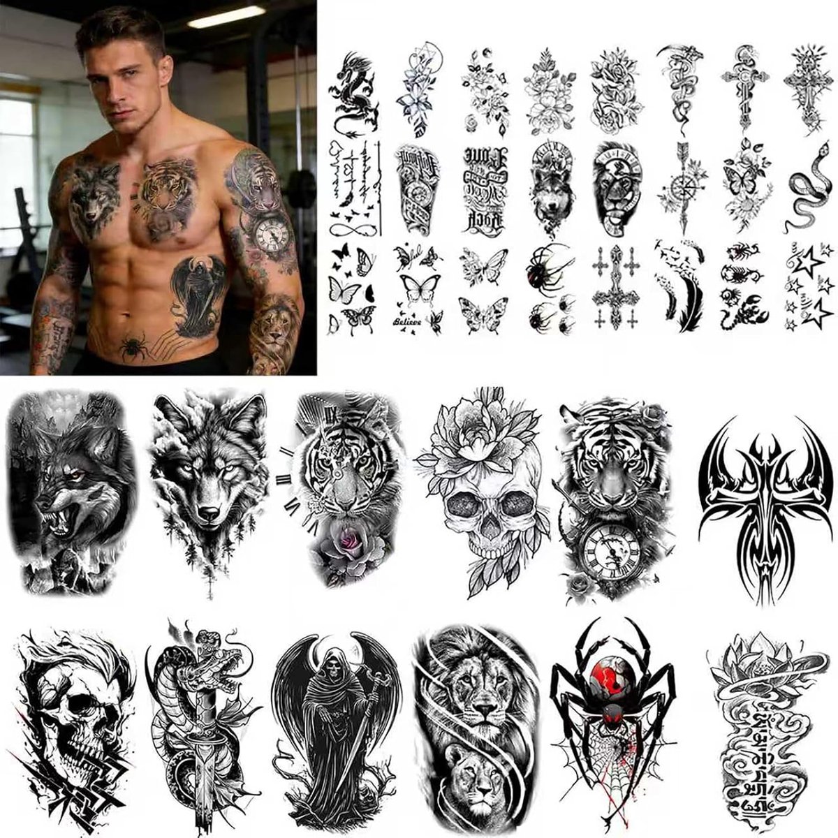 Tijdelijke Tatoeages Voor Mannen Waterdicht Zwarte Waterdichte Realistische Nep-tatoeages 3d Leeuw Tijger Skelet Wolf Bloem Tijdelijke Tattoos Inclusief 12 Grote En 24 Kleine