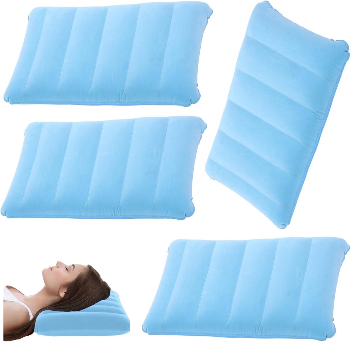 campingkussen, 4 stuks opblaasbaar kussen, nekkussen, opblaasbaar strandkussen, vlokkussen, comfortabel reiskussen, voor kantoor, outdoor, wandelen, strandvakantie, camping (wathet)
