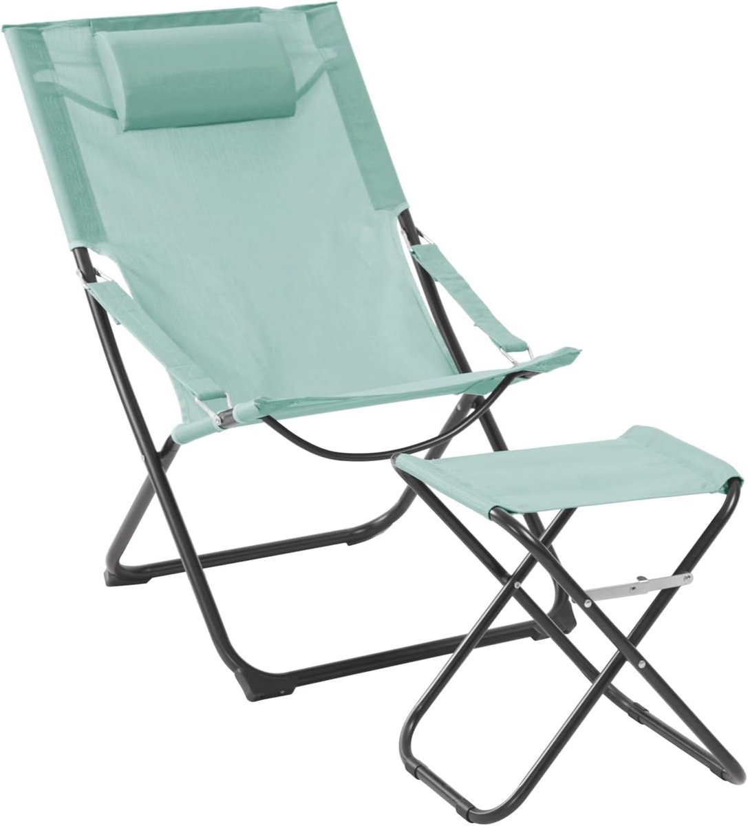 Ligstoel met kruk, inklapbaar, strandstoel, campingstoel, hoofdkussen, blauw