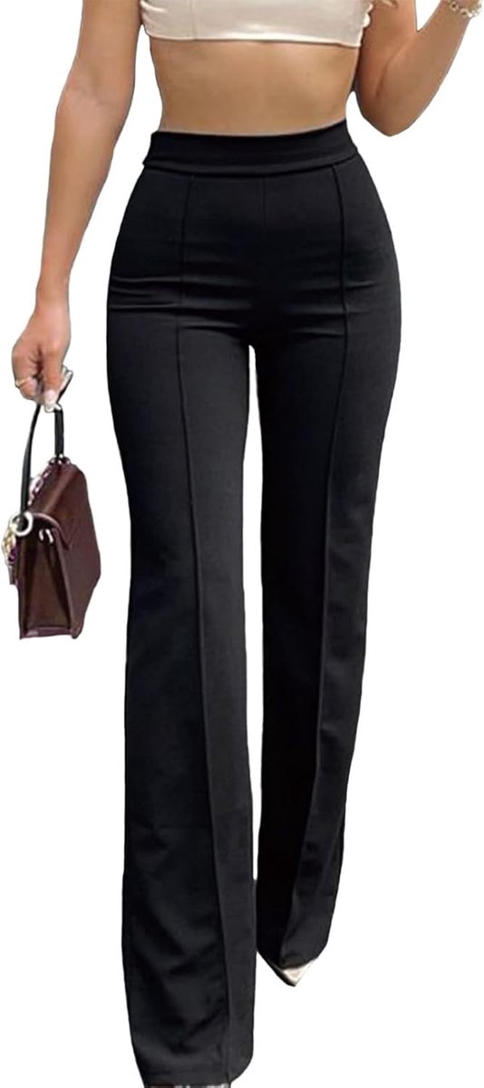 Kostuumbroek voor dames, stretch, elegant, hoge taille, lange flared, stoffen broek, zakelijk, casual, bootcut, chinobroek