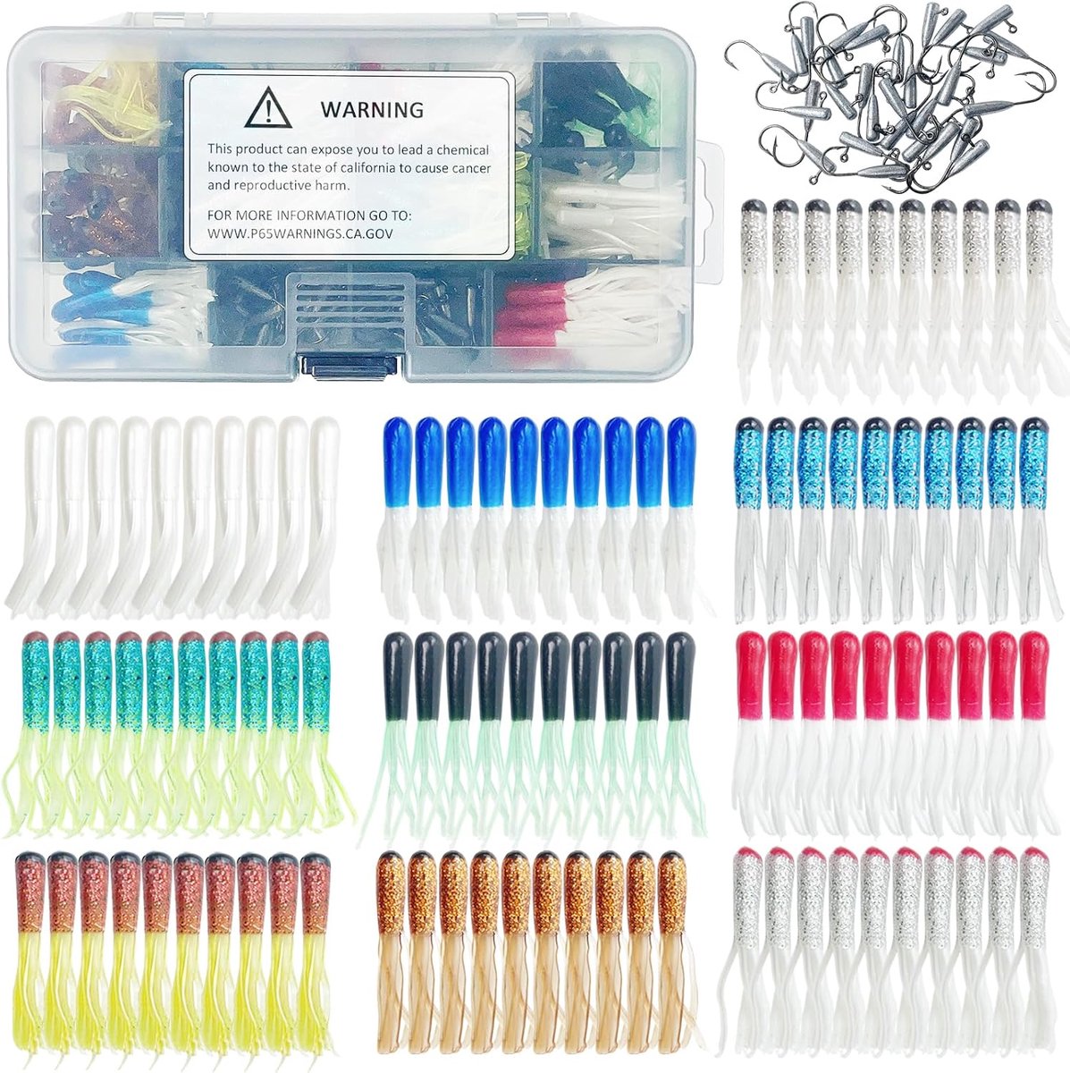 Tube Bait Set, 131/61 stuks visaas met jigkop, crappie tube aas, rubberen aas, jigs voor baars, forel