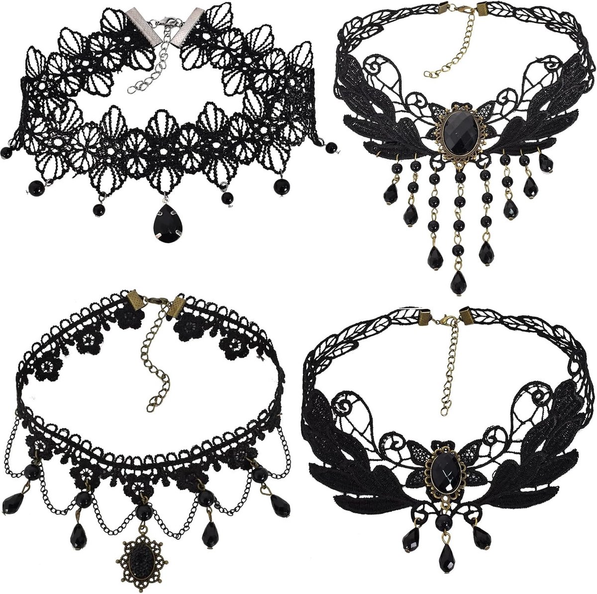 Gothic Kralenset met 4 Stukken - Zwarte Kraag Choker, Vintage Lolita Sieraden voor Halloween en Cosplay Accessoires