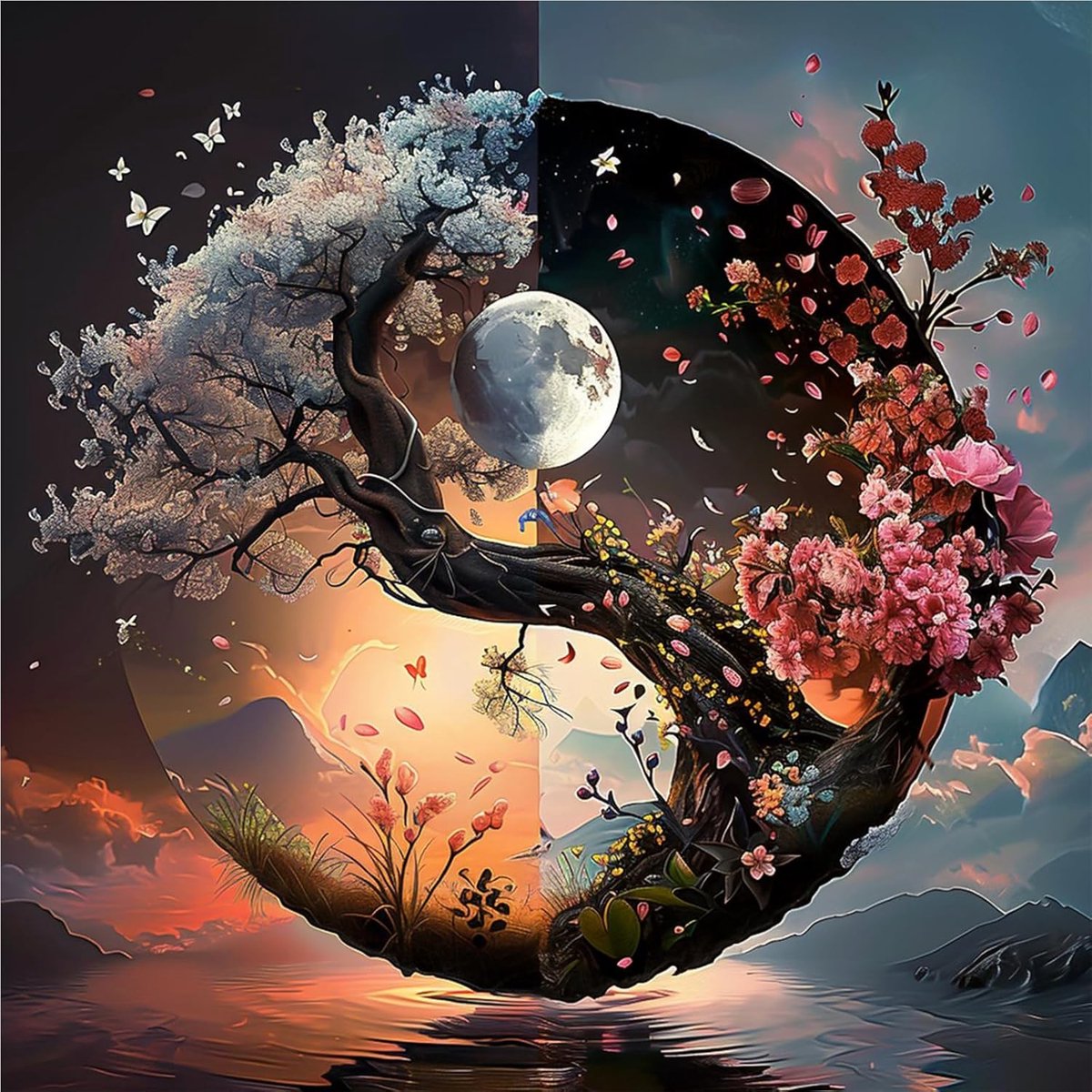 Yin Yang Tree Diamond Art Kits Volwassenen, 5D DIY Moon Diamond Painting Kit, Edelstenen Kunst en Ambachten voor Volwassenen voor Thuis Wanddecoratie 30x30 cm