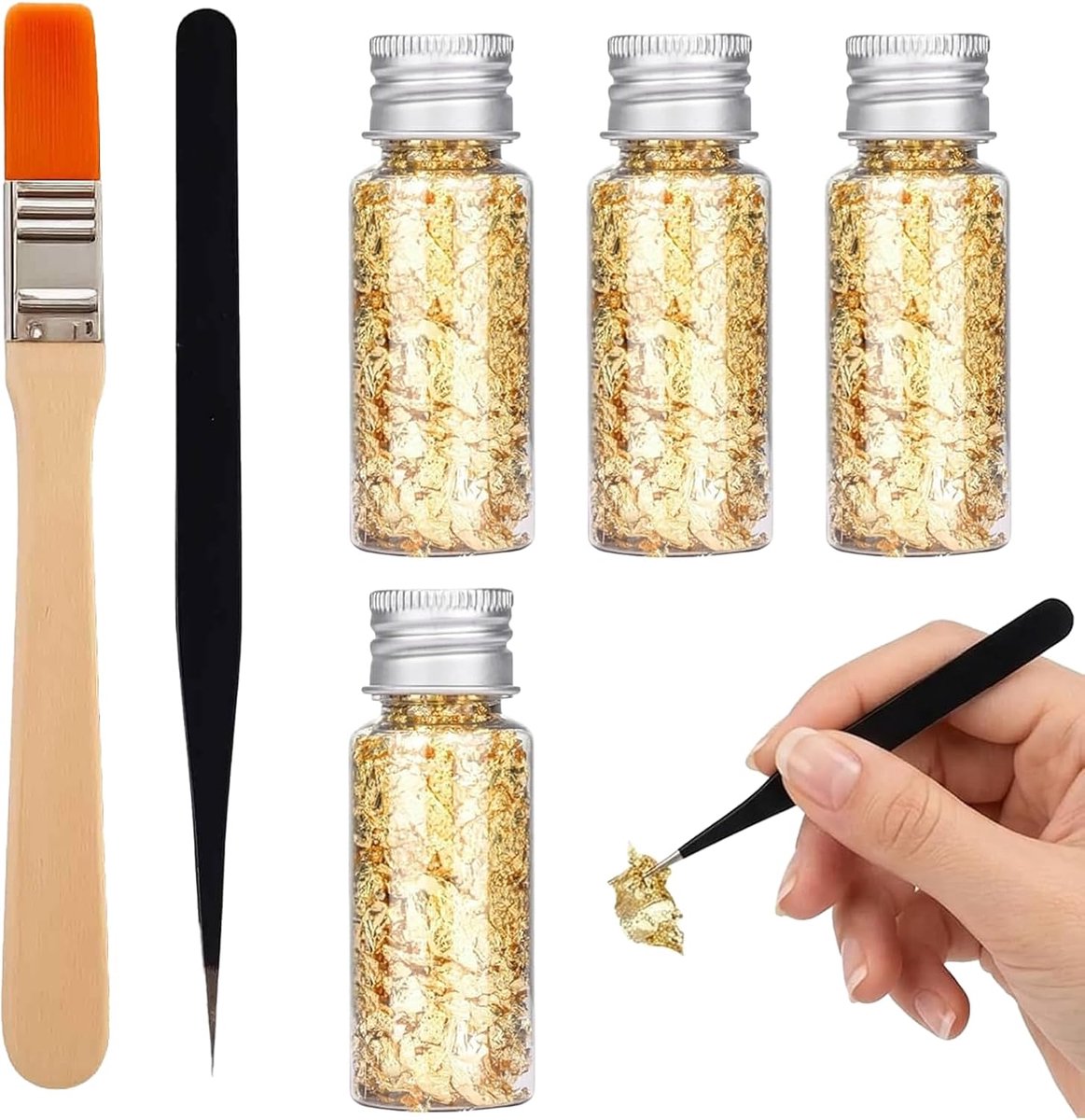 Bladgouden vlokken, bladgouden bladeren, goudfolie, decoratie, bladgoudbladeren met pincet en kwast, voor manicure, schilderen en andere ambachtelijke decoratie worden