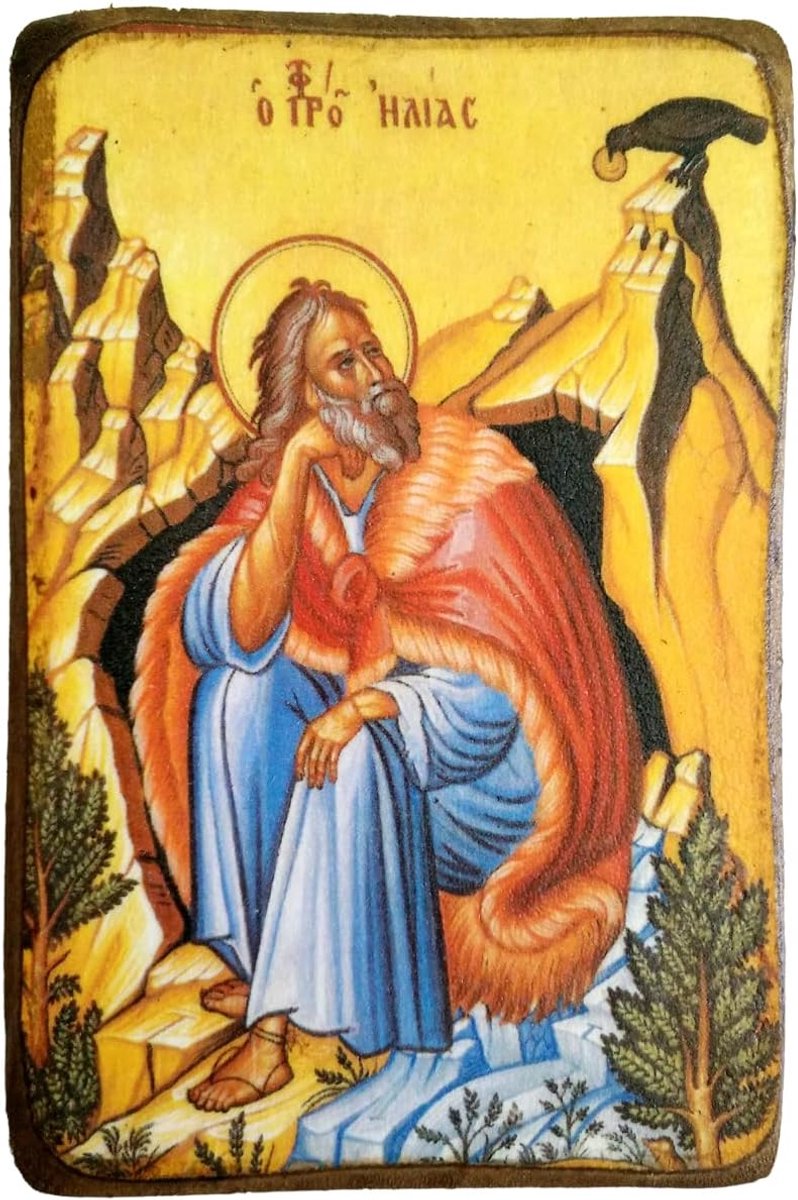 Grieks Orthodox Hout Icoon van Sint Elias, Bruin, 9x7 cm