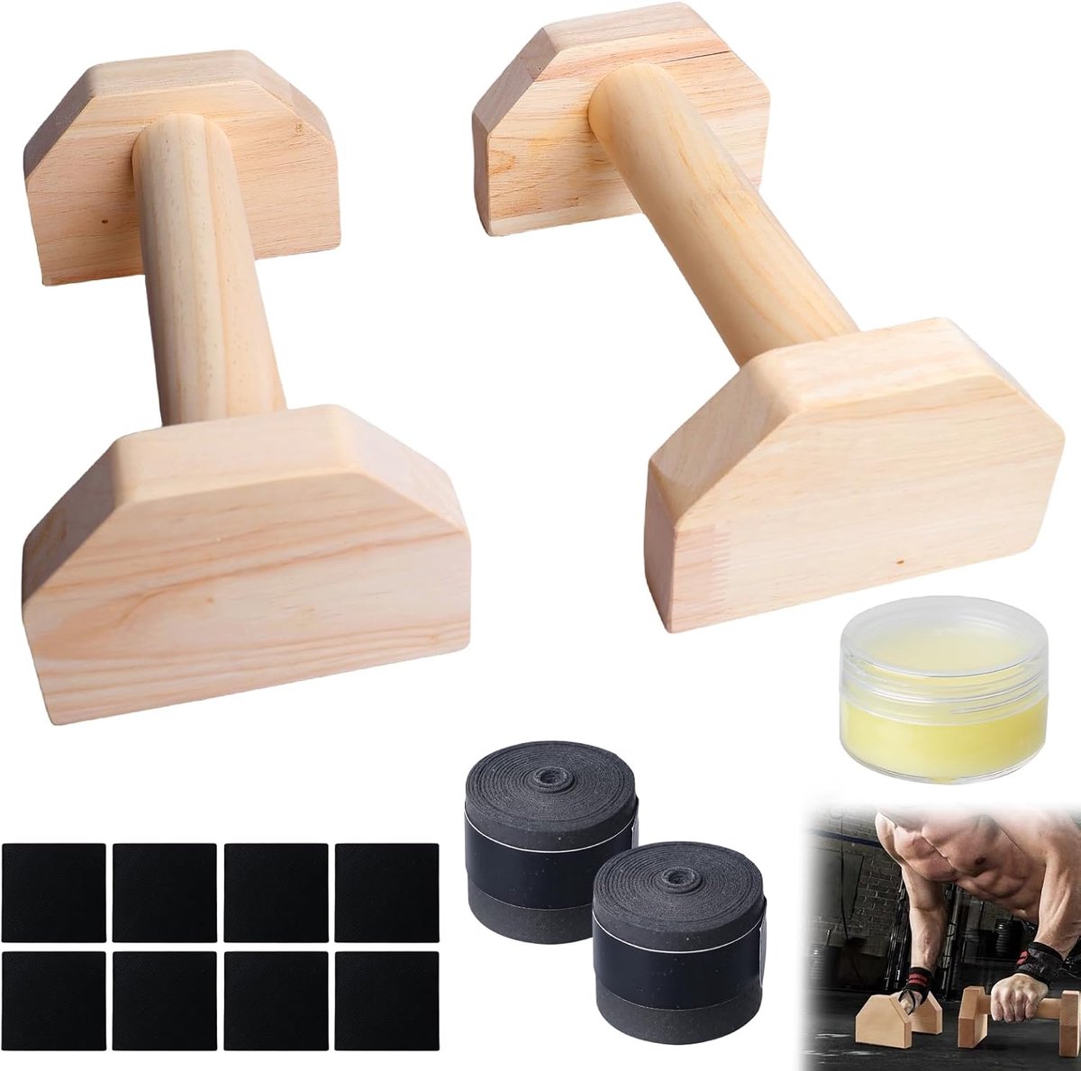 2 stuks grenenhout parallettes, anti-slip push-upbars, yoga, voor binnen en buiten (25 cm, natuurlijke kleur)