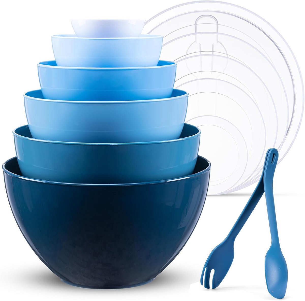 Mengkommen met deksels, set van 6 (0,2-6,5 liter), herbruikbare kunststof nestkommen met vork en lepel, stapelbaar voor koken, bakken, salade, fruit, magnetron, vriezer en vaatwasser