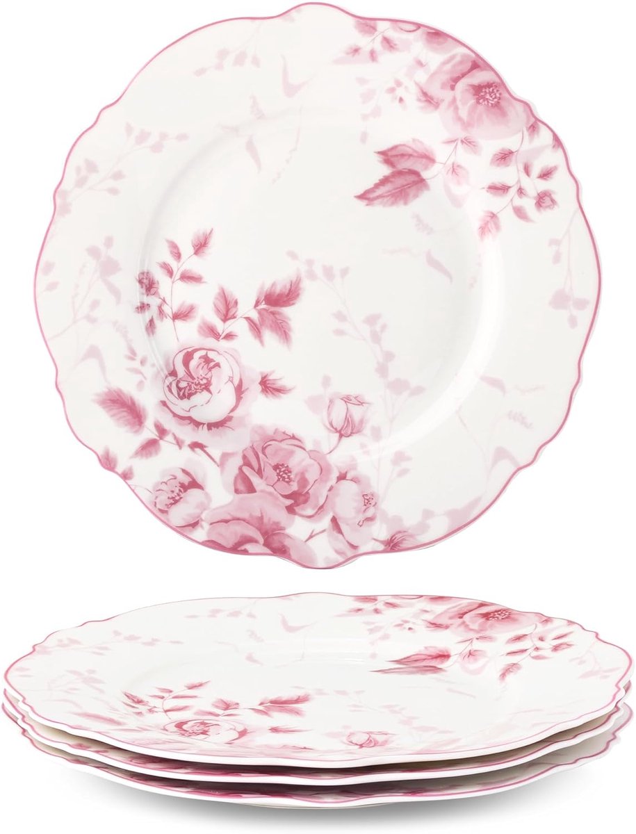 fanquare 8,5 Inch Roze Bloemen Dessert Plaat Sets van 4 Britse Elegante Porselein Snack Voorgerecht Diner Platen Service Magnetron & Vaatwasser Veilig