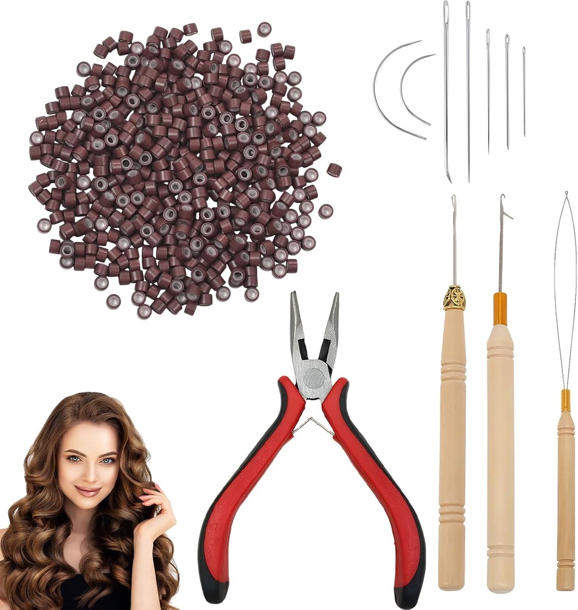 511 delig Haarverlenging Gereedschapsset, Micro Ring Extensions Accessoires: 500 Nanoringen met Silicone, 1 Extensietang, 3 Haaknaalden, 7 Priknaalden, voor Vlecht Accessoires Set (Bruin)