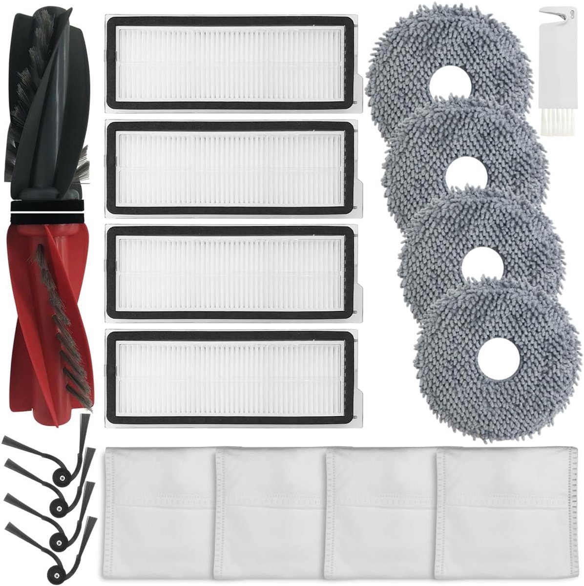 Reserveonderdelen voor Roborock Qrevo Curv robotstofzuiger, accessoires met 2 rubberen borstels, 4 HEPA-filters, 4 dweilpads, 4 zijborstels, 4 stofzakken, 18-delig