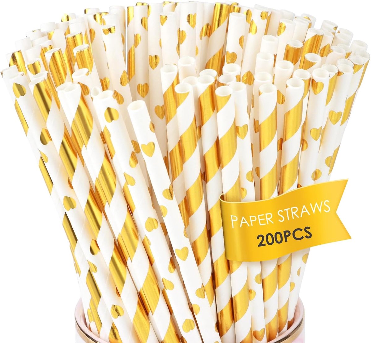 Rietjespapier, gouden biologisch afbreekbare rietjes, papieren rietjes voor Kerstmis, verjaardag, bruiloft, feestaccessoires