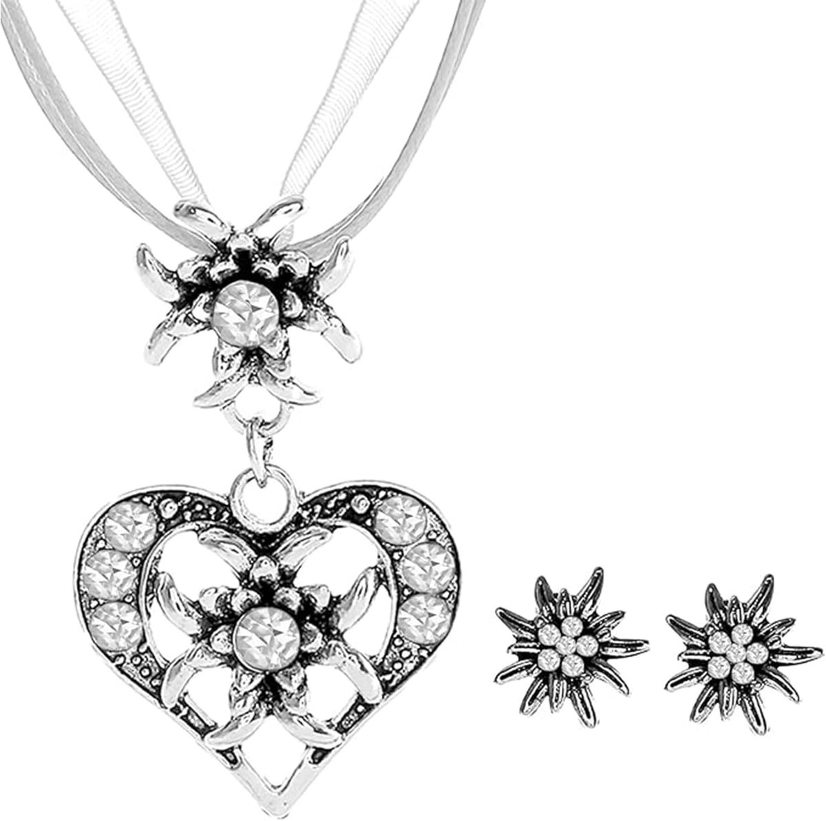Sieradensets voor dames, strass, edelweiss, hartvormige hangers en oorstekers, dames, sieraden, Oktoberfest, dirndl, accessoires, oorbellen, dames, accessoires, voor