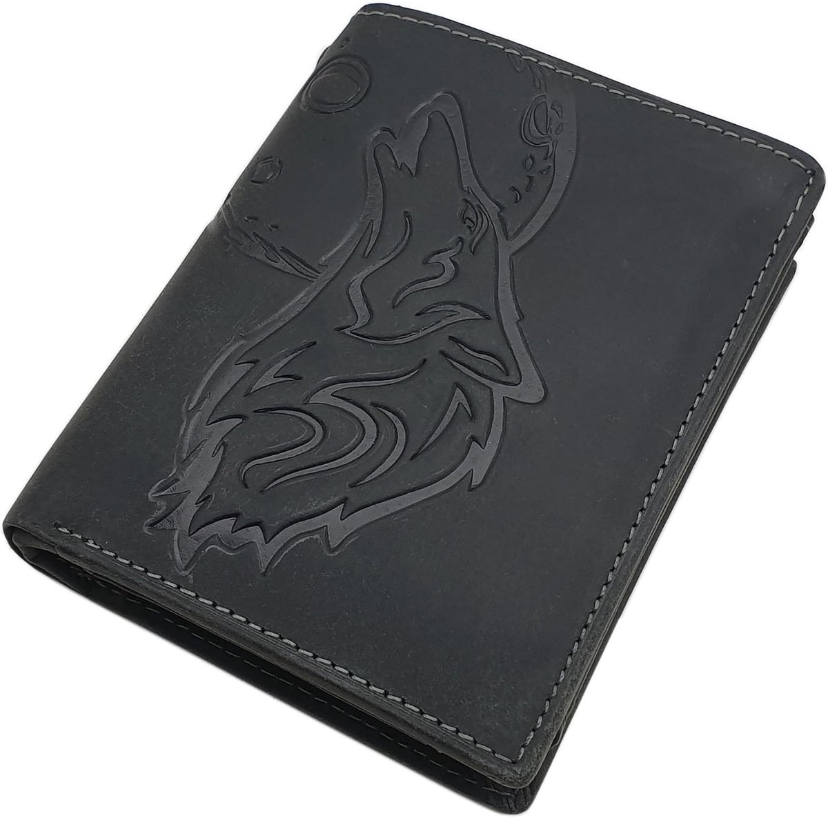 myledershop Echt buffel-volledig lederen portemonnee/portemonnee/portemonnee in portret- of landschapsformaat met wolf-motief en RFID- en NFC-bescherming, Model 1 / portretformaat