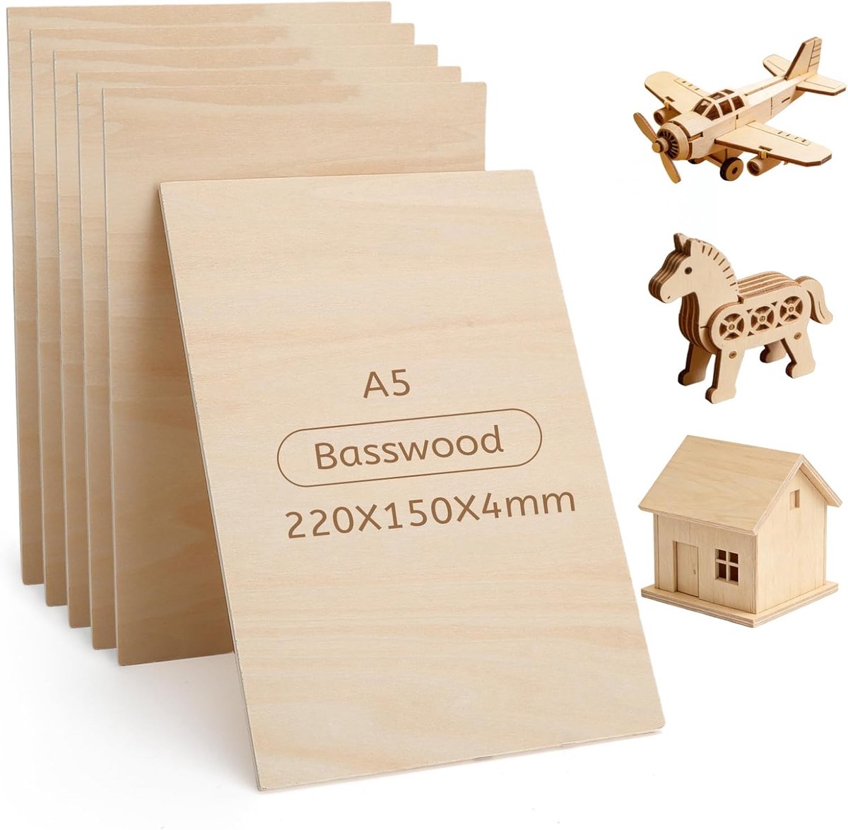 SnelShoppen - Houten Panelen voor Creativiteit Plywood 4 mm A5 Linden Hout 6 Stuks - Dubbelzijdig Glad voor Houtsnijden, Graveren en Modelbouw