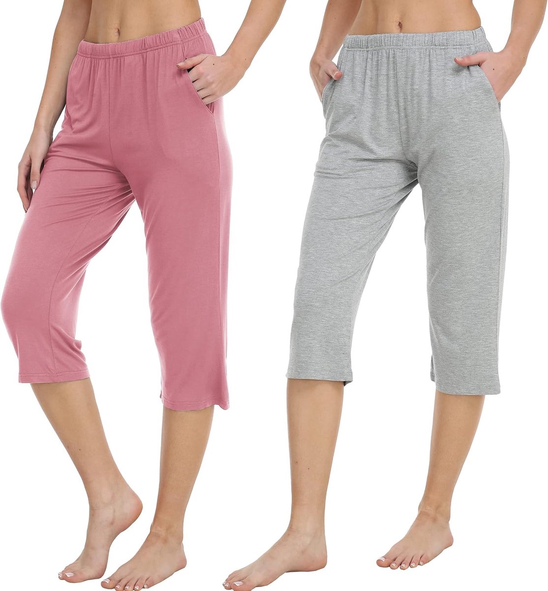 Pyjamabroek voor dames, modal, 3/4 lengte, zomer, taille met trekkoord, verstelbaar, 2 broeken, pyjamapak, lichtgrijs + lichtroze, S
