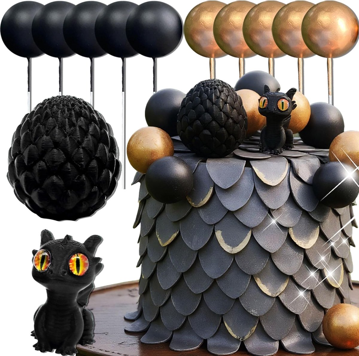 draken taartversiering draken eieren glanzende zwarte bollen | Fantasy draken taartversiering draken eieren glanzende zwarte bollen decoratie babyfeest verjaardag bruiloft feestaccessoires