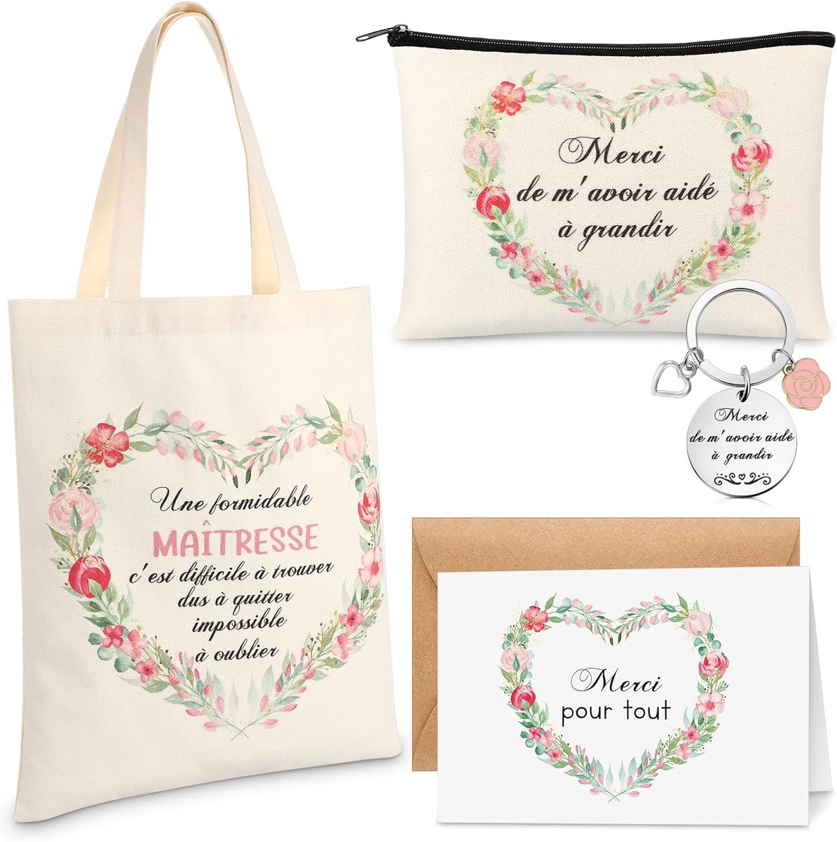 5 Items Leraar Geschenkdoos Inclusief Canvas Tote Tas Make-up Tas Sleutelhanger Bedankkaart met Envelop Waardering Geschenken voor Leraren, Zoals getoond in figuur, zie afbeelding