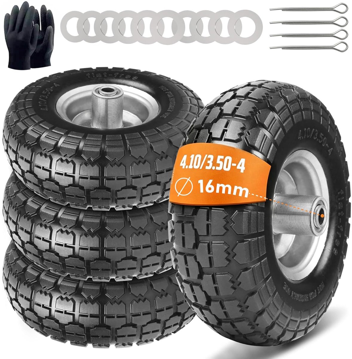 Wielen voor steekwagen, massief rubberen banden, massief rubberen banden 4.10, 3.50-4, reservewielen voor bolderkar, 260 x 85 mm, wielas 16 mm