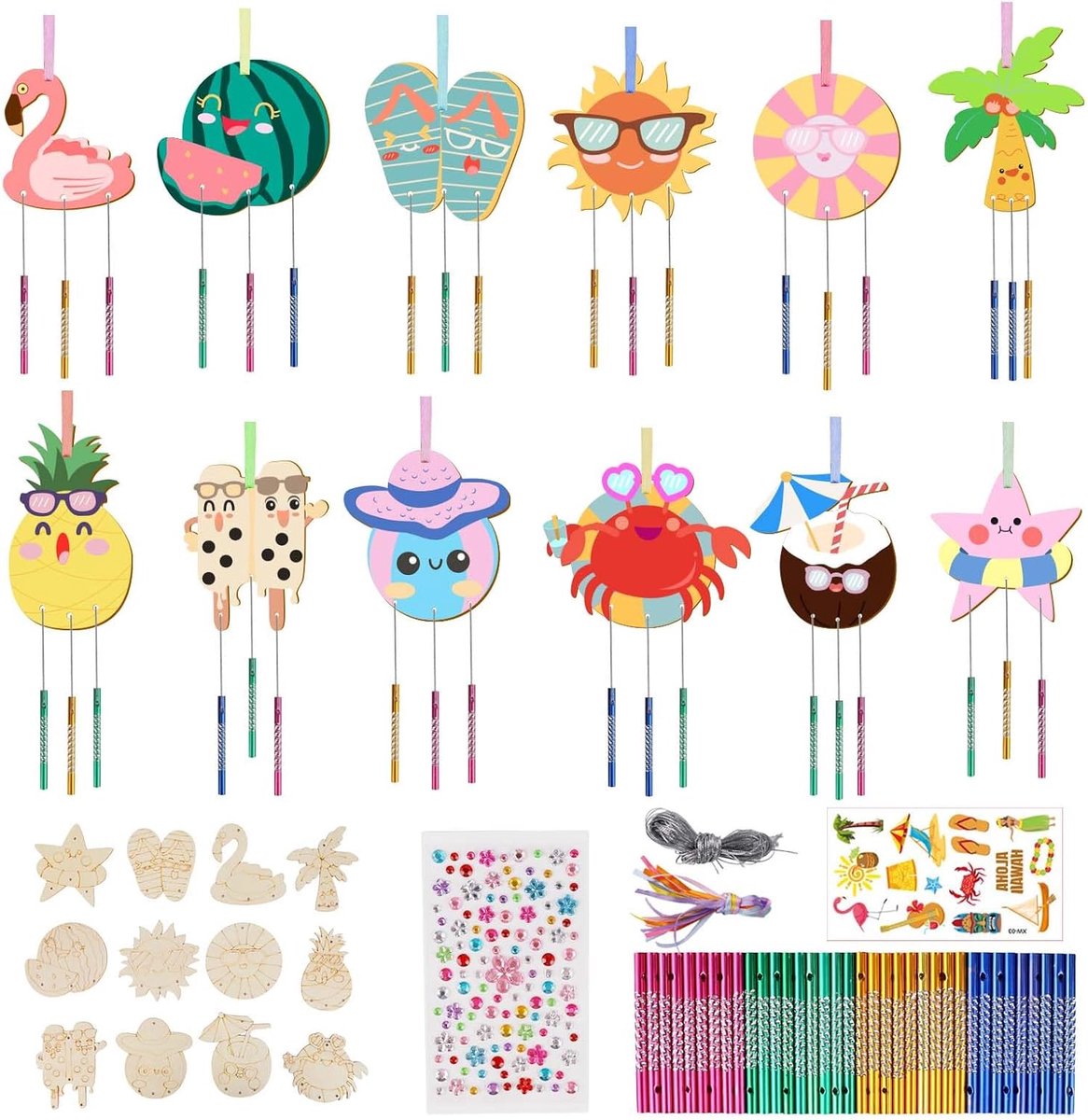 Windgong Kits voor Kinderen - 12 Delige Houten Windgong Set - Hawaii DIY Knutselproject - Creatief voor Strandfeesten - ShopVlot
