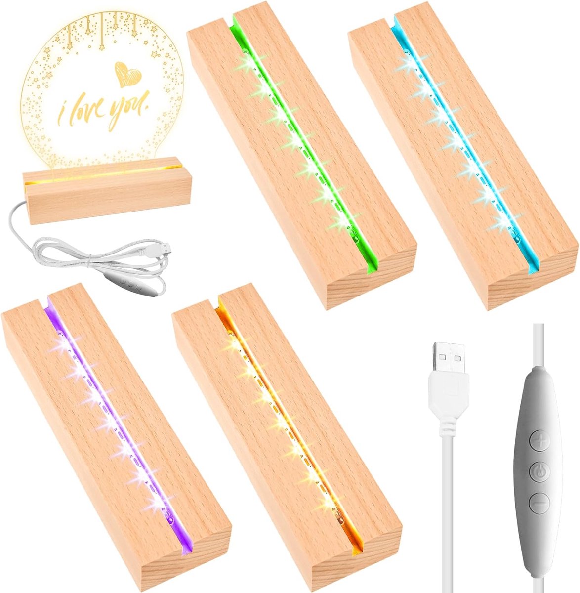 4 stuks led-sokkel houten sokkel: led-lichtsokkel, rechthoekige led-houten standaard, warme kleur, USB-led-display, basis voor doe-het-zelf acrylplaat, decoratief ornament, hars kunst