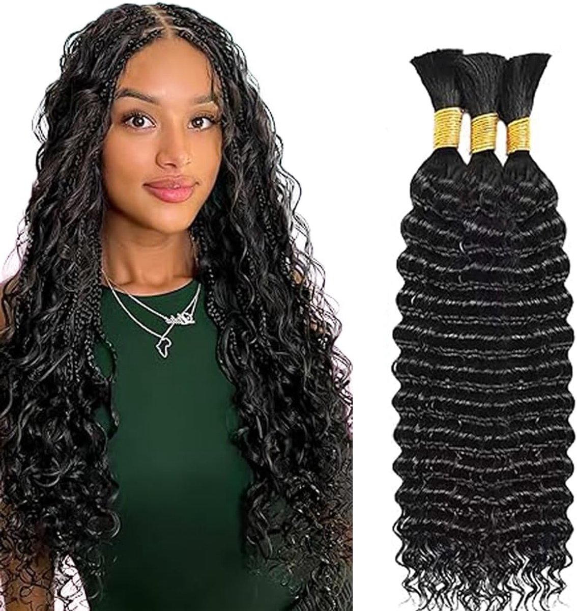 Braiding Hair for Boho Braids Deep Wave Bulk Total 150g 3 Bundles 34 34 34 Inch Human Hair Extension Unprocessed No Weft Nautral Black Color for Women Minimal Smell