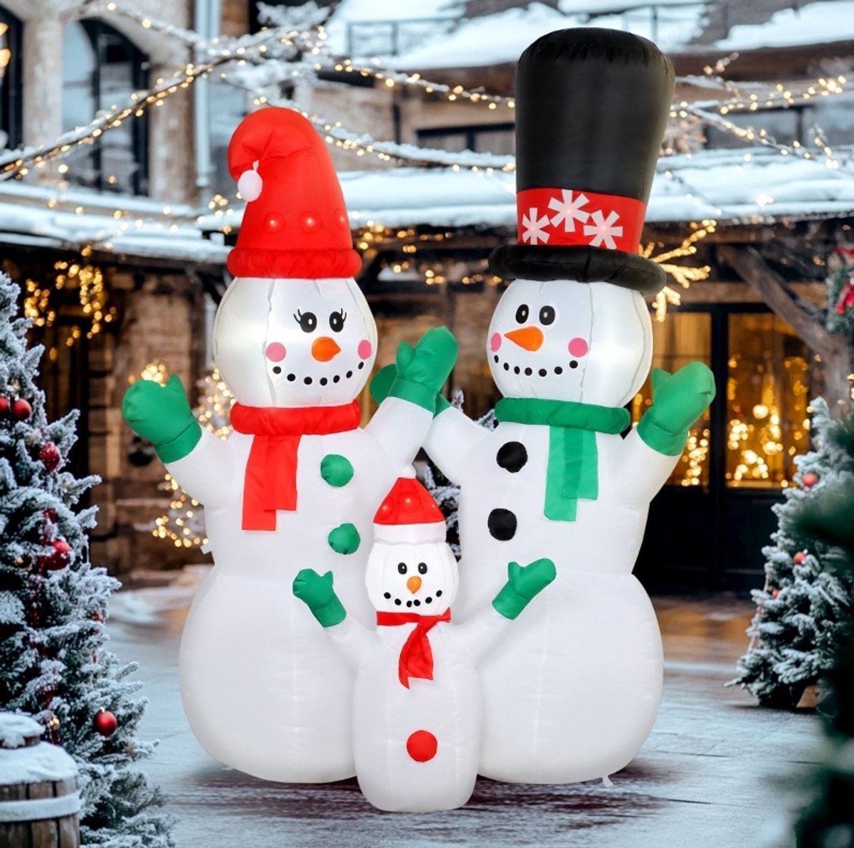 COVREO Opblaasbare sneeuwpop familie 165x80x180 cm wit, polyester met LED-verlichting
