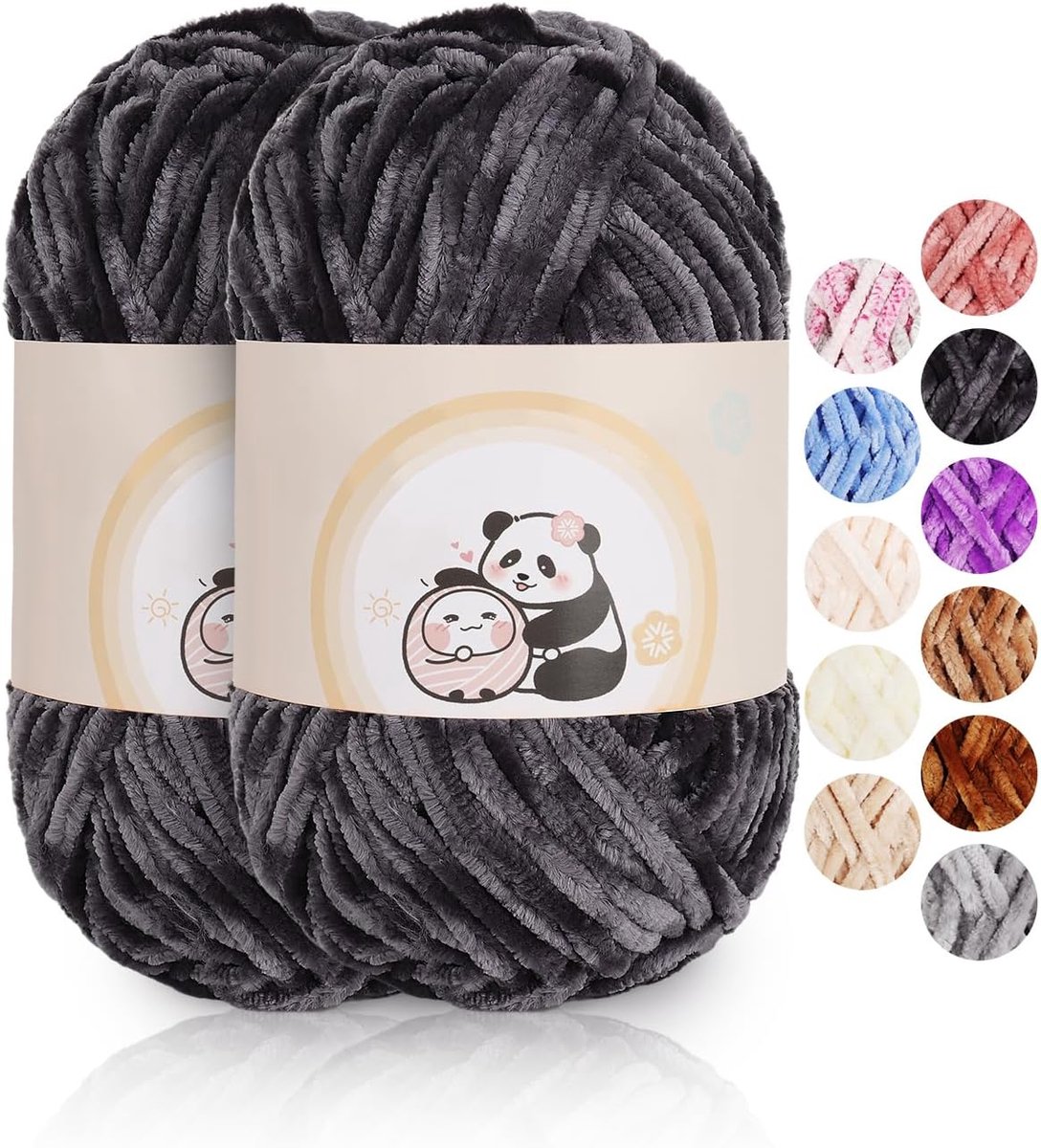 Chenille wol, superzacht haakgaren voor handgeweven, donkergrijs, 2 x 100 g