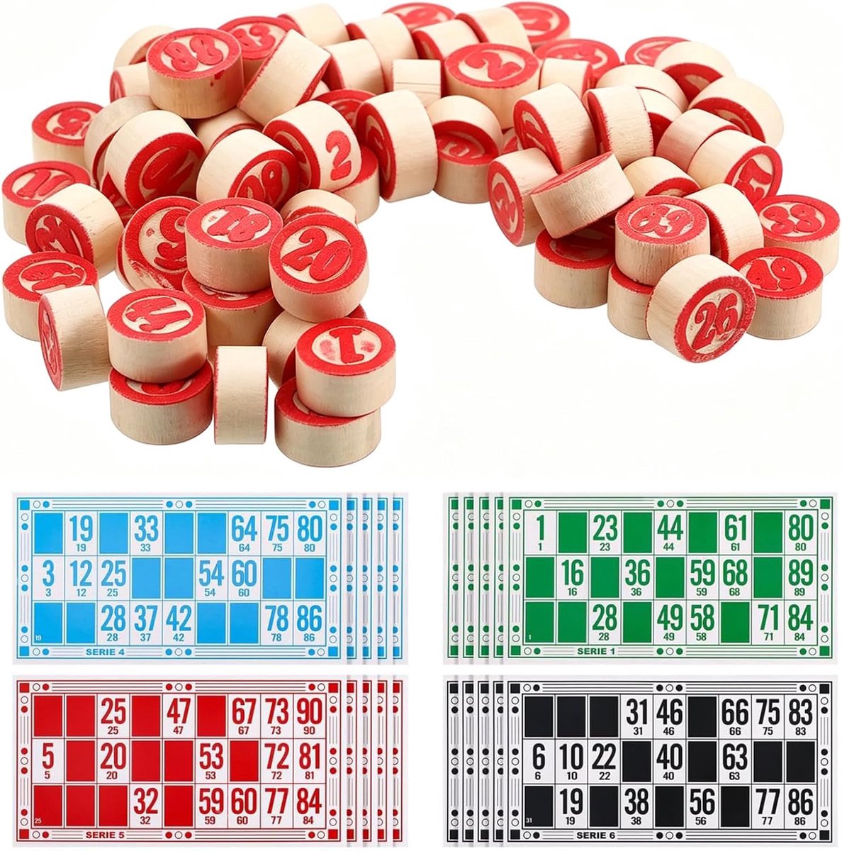 Bingo-spel van hout, 138 delen (90 speelstenen 48 van karton), met ritsvak, 16,1 x 8,7 cm, voor plezier in familie, bijeenkomsten en feestjes