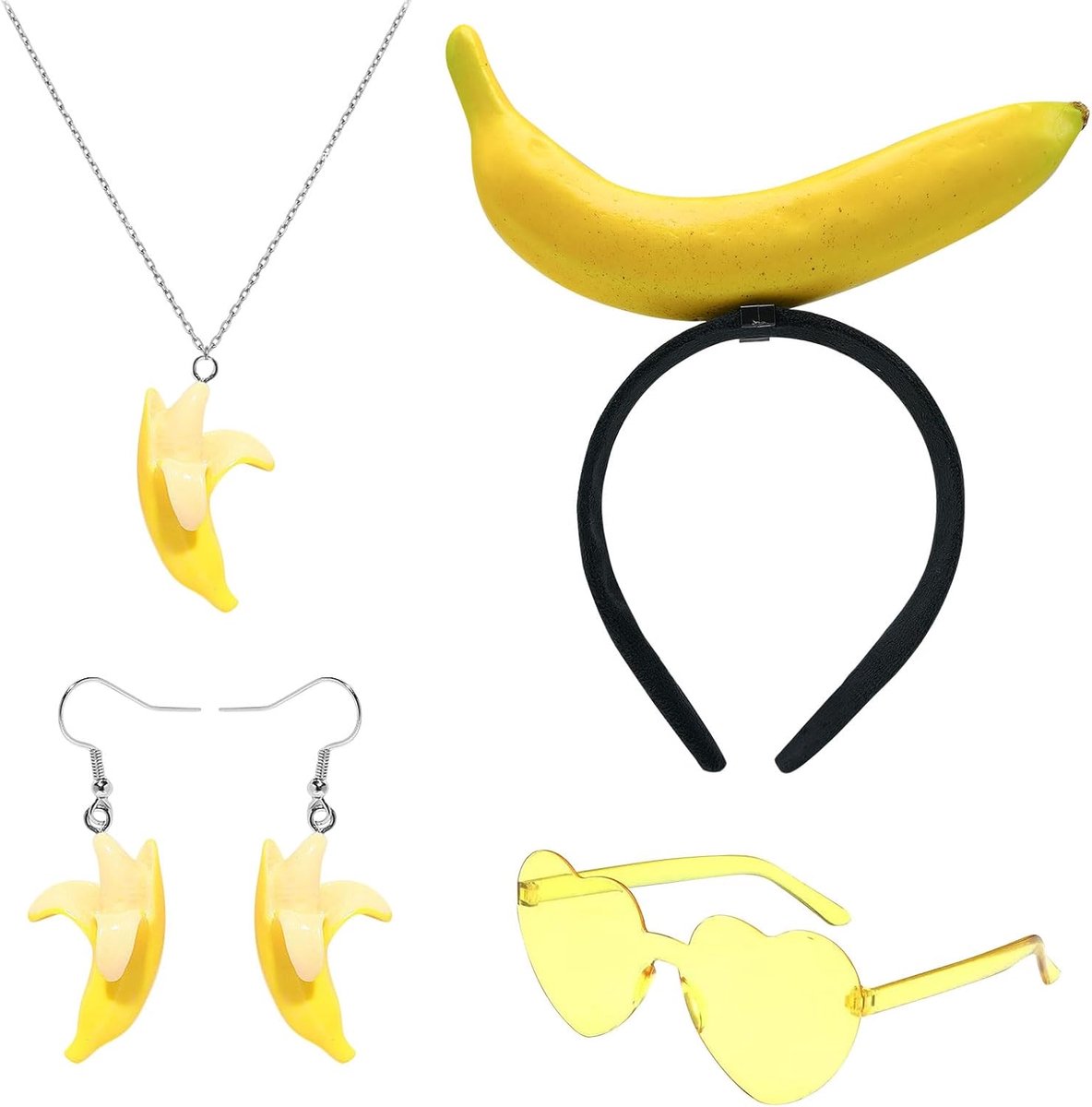 4-delige bananenkostuumset Bananenverkleedpak voor dames Bananenhoofdband Hartvormige zonnebril Bananenketting Oorbellen Bananenaccessoires