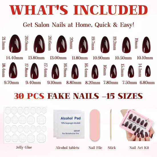 On Nagels, 30 Stuks Set & Extra Korte Kunstnagels - Korte Opplakvariant in Bordeaux, Glanzend Herbruikbaar voor Vrouwen — afbeelding 2