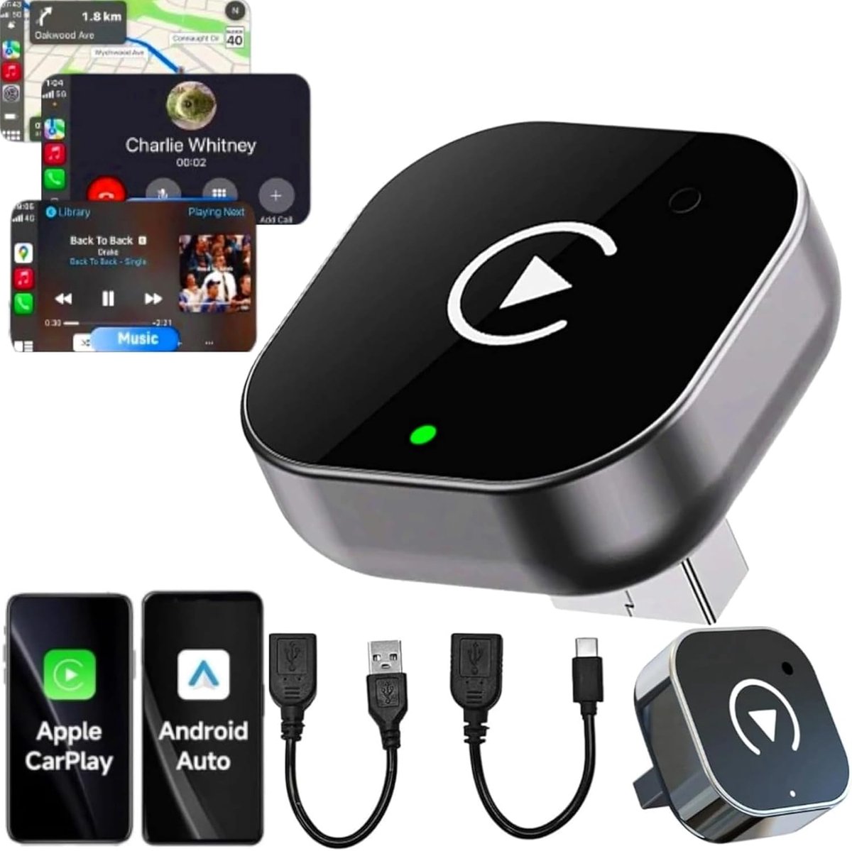2-in-1 draadloze Carplay-adapter, converteert kabel naar bekabelde Android Auto/Carplay in draadloos, draadloze Carplay-adapter, plug and play, Ota-ondersteuning, compatibel met Auto Ab en