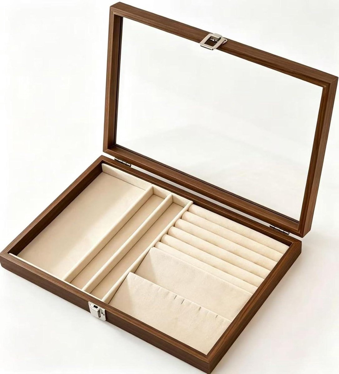 Sieradendoos Hout - Juwelendoosje Opberger - Sieraden Organiseren - Transparant Deksel - 23.5 x 13.5 x 27 cm - Zwart Bruin