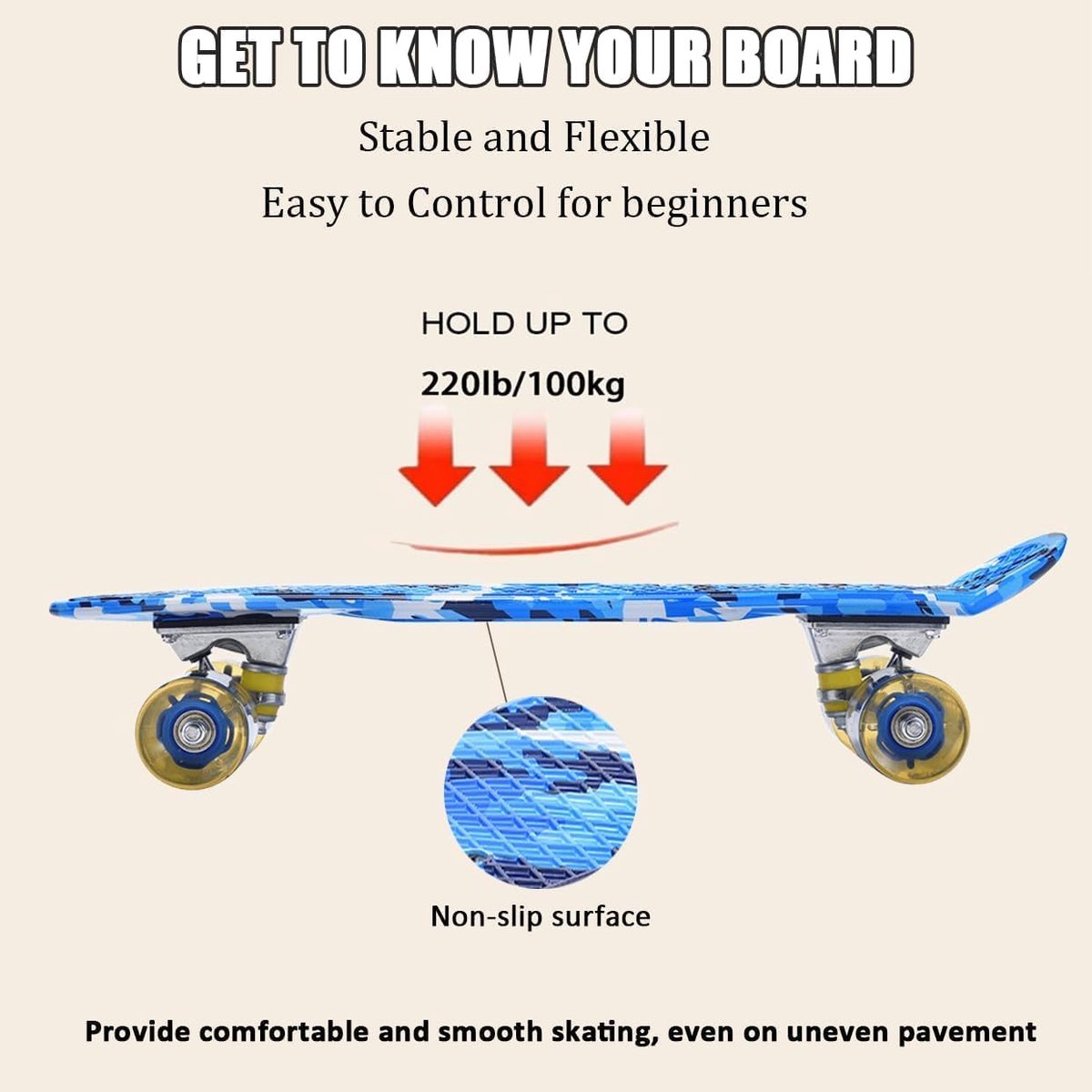 Skateboards voor kinderen, Cruiser Skateboard, Skateboards voor kinderen, tieners, volwassenen en beginners, PU LED knipperende wielen met All-in-One Skate T-Tool