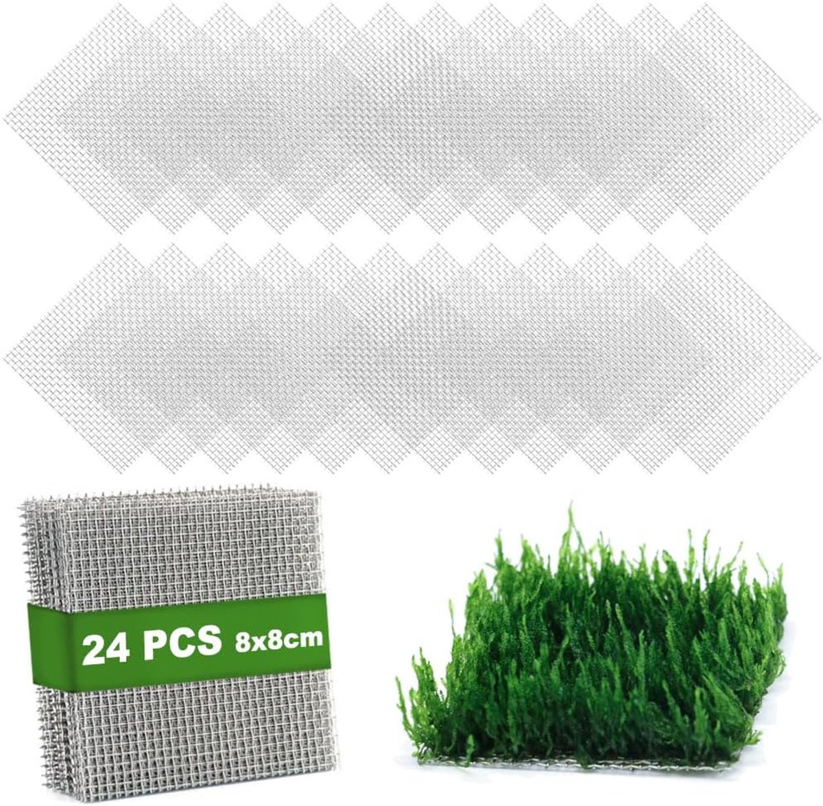 24 stuks 3,1 x 3,1 cm (8 x 8 cm) aquariummosgaas, 304 roestvrijstalen watermoswand, gemakkelijk te snijden, voor het bevestigen en vermeerderen van watermossen, doe-het-zelf aquariumfiltratie