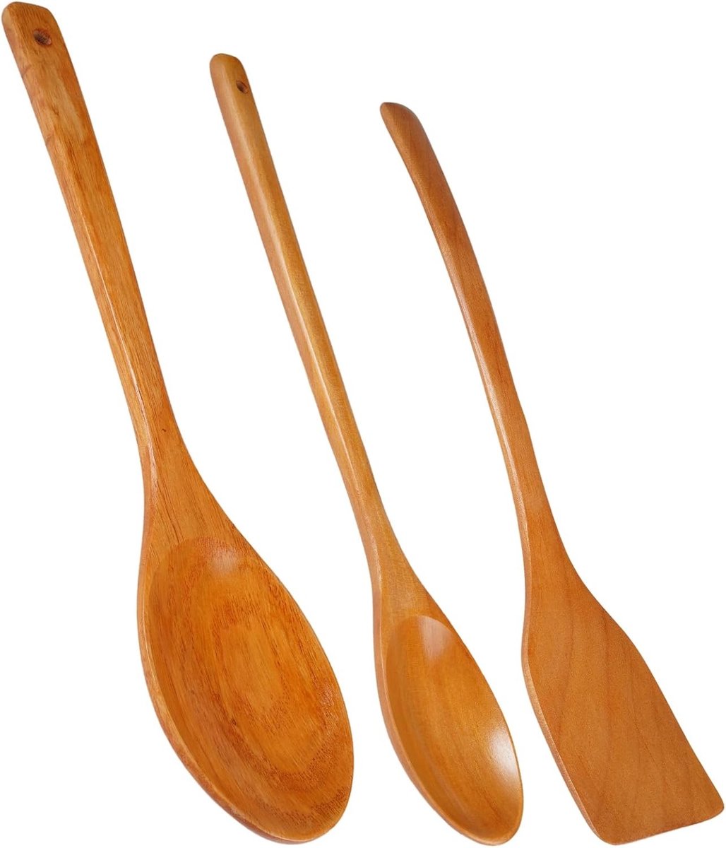 Set van 3 Houten Lepels met Lange Handgreep en Schraper | Duurzaam, Vaatwasmachinebestendig, Ideaal voor Koken en Soep Serveren
