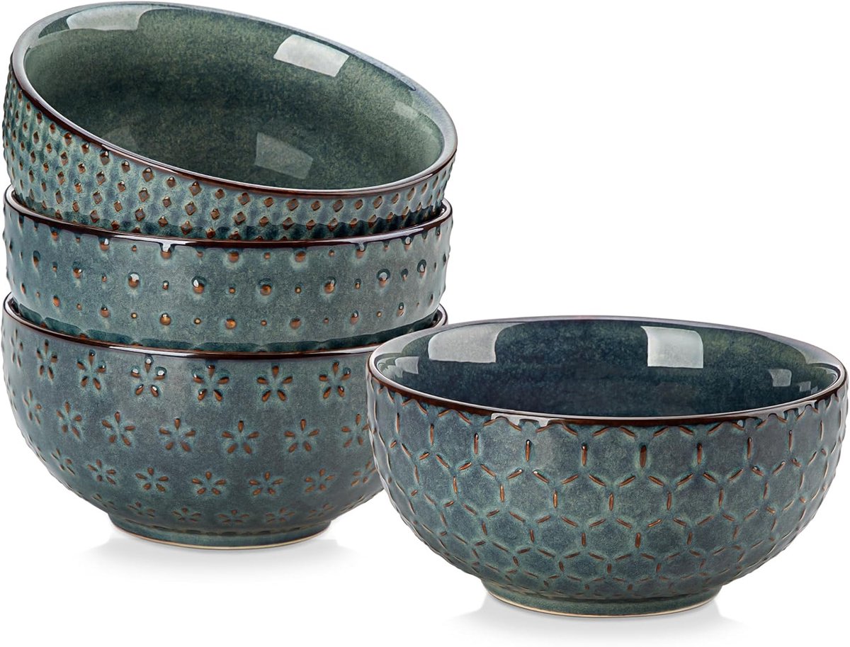 LYDIA Mueslikommen, 4-delige set, 900 ml, grote soepkommen, aardewerk, slakommenset, dessertkommen, ontbijtkommen, keramische kommenset voor pasta, salade, fruit, groen