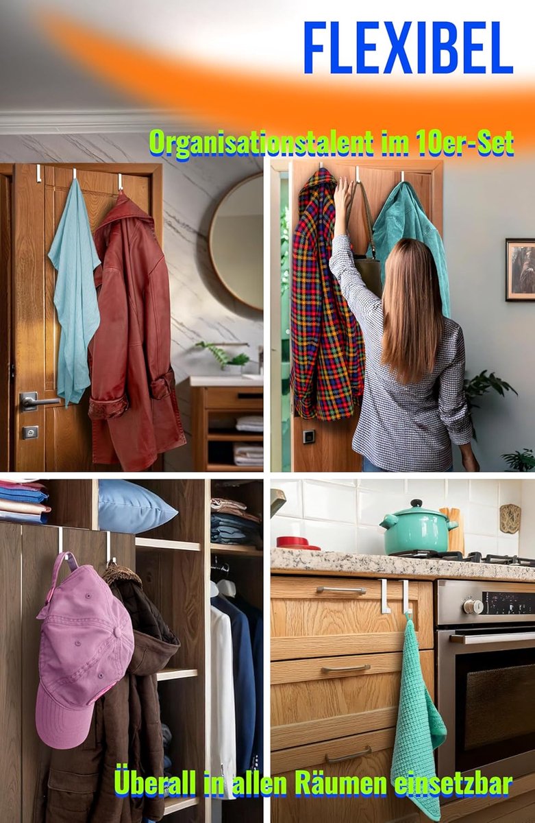 deurhaken om op te hangen, set van 10 - Witte kledinghaken voor de deur, roestvrijstalen haken om op te hangen, afzonderlijk te gebruiken of als deurhakenreeks in te zetten, met hoge