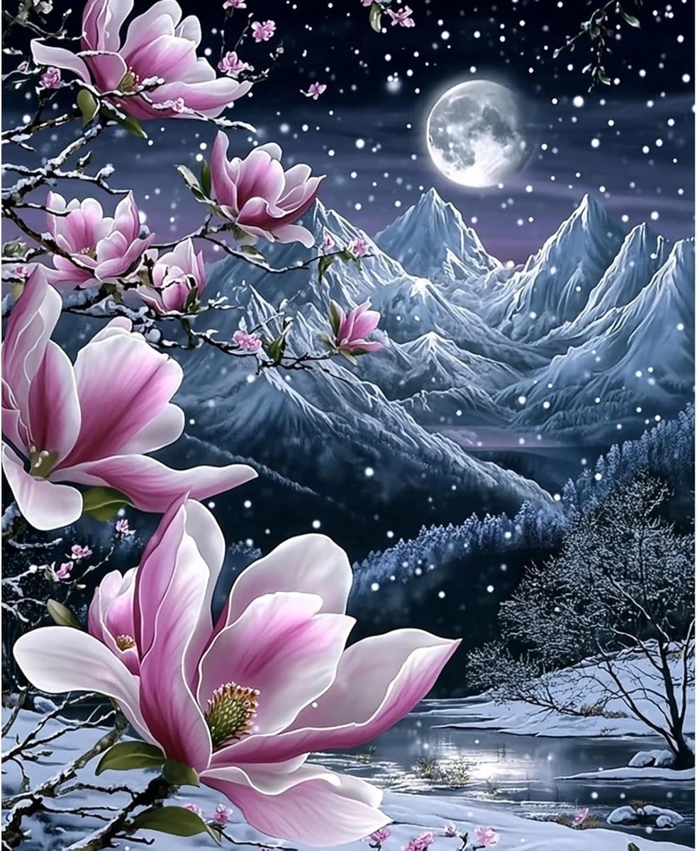 Besneeuwd Berglandschap Schilderen op Nummer voor Volwassenen,Roze Bloemen en Maan Olieverf,DIY Acryl Verf Tekenwerk Huisdecoratie 40x50cm